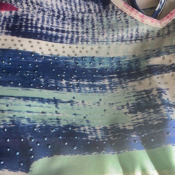 CJ Banks Tunic 2X multi color keyhole back V-neck pleat sleeve inserts bling - Picture 8 of 8